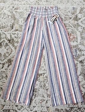 Rewash Smocked Waist Wide-Leg Striped Pants - Blue & Coral-Sz L Juniors-Fit Sz 6